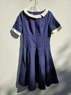 Navy Fit-and-Flare Dress with White Collar and Cuff Trim